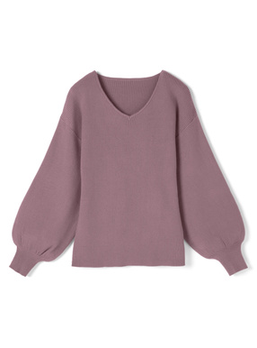 Vネックボリュームスリーブニットトップス