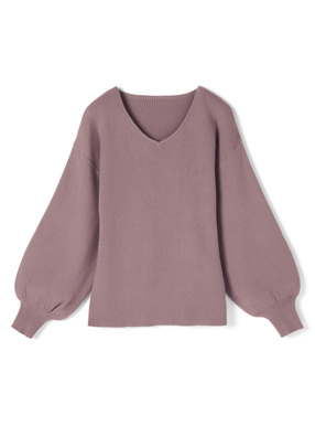 Vネックボリュームスリーブニットトップス