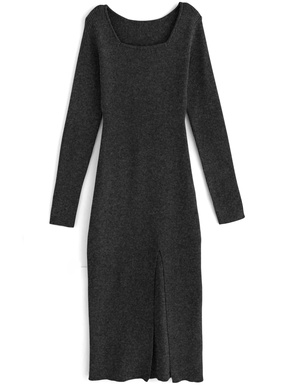 スクエアネックスリットリブニットロングワンピース