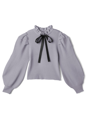 ボウタイ付きフリルネックニットトップス