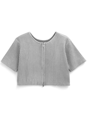 メタリックダブルジップリブニットトップス