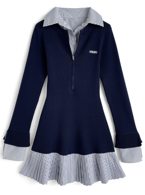 ストライプ柄シャツドッキングニットミニワンピース