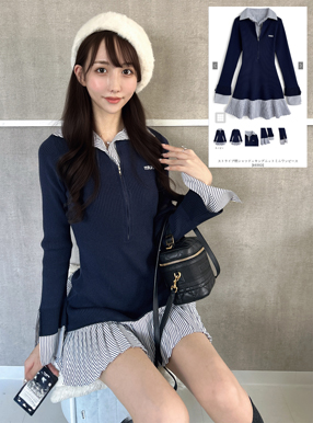 ストライプ柄シャツドッキングニットミニワンピース