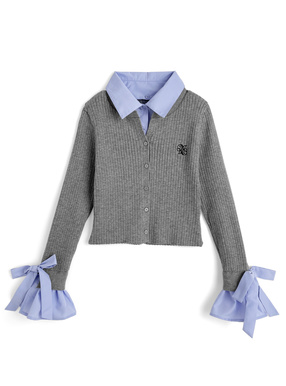 襟2Wayリボンスリーブシャツレイヤード風ニットカーディガン