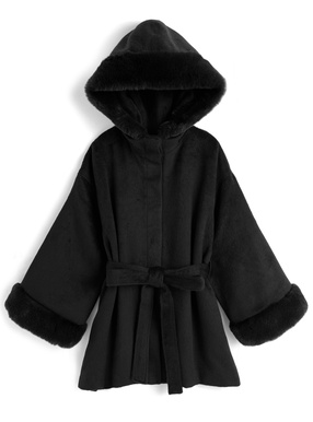 リボンベルト付きファーフードミドルコート