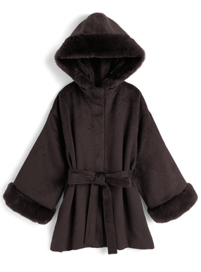 リボンベルト付きファーフードミドルコート