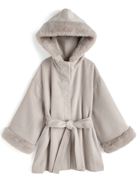 リボンベルト付きファーフードミドルコート