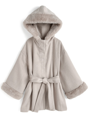 リボンベルト付きファーフードミドルコート