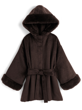 リボンベルト付きファーフードミドルコート