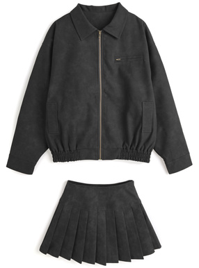 ジャケット×プリーツスカートレザーセットアップ