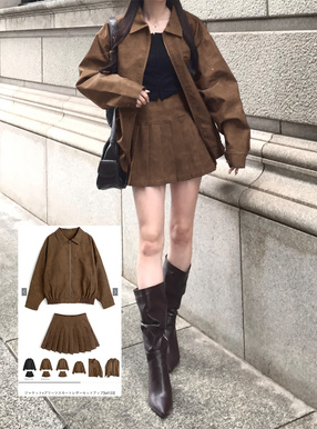 ジャケット×プリーツスカートレザーセットアップ