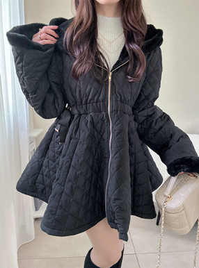 ファーフードサイドリボンキルティングラインコート