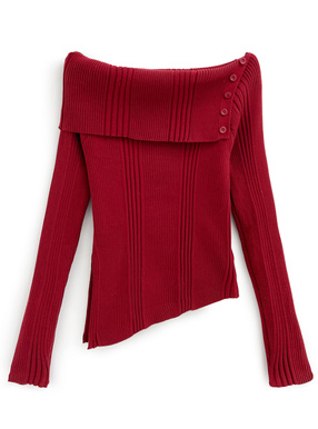 オフショルダーアシンメトリーリブニットトップス