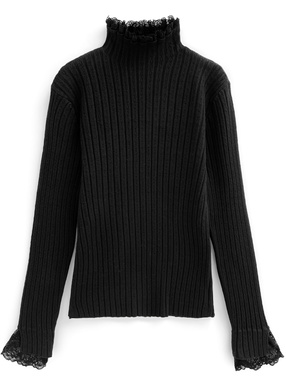 レースハイネックリブニットトップス