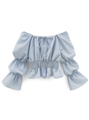 オフショルダーシャーリングフリルブラウス