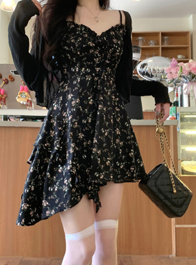 レースアップ花柄アシメキャミミニワンピース