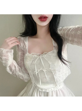 花柄シアーリボンクロップド丈カーディガン