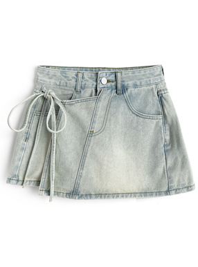 サイドリボンラップ風デニムショートパンツ