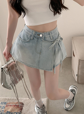 サイドリボンラップ風デニムショートパンツ