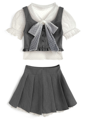 ドット柄チュールボウタイブラウス×フリルビスチェ×レースミニスカートセットアップ