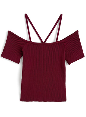 ストラップオフショルダーリブニットトップス