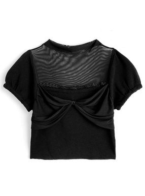 シアーハイネックリボンニットトップス