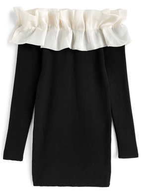 オーガンジーフリルオフショルダーニットミニワンピース