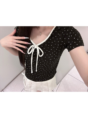 ドット柄フロントリボントップス