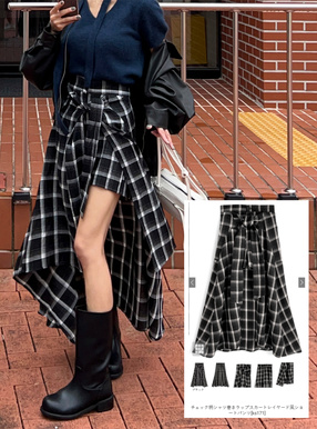 チェック柄シャツ巻きラップスカートレイヤード風ショートパンツ