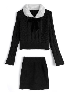 リボン付きケーブル編みトップス×タイトミニスカートニットセットアップ