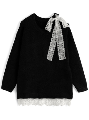 ワンショルダーレースリボンニットトップス