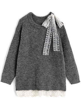 ワンショルダーレースリボンニットトップス