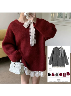 ワンショルダーレースリボンニットトップス