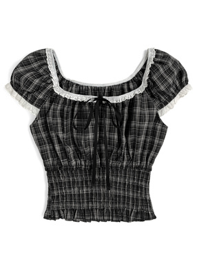 チェック柄フリルリボンシャーリングブラウス