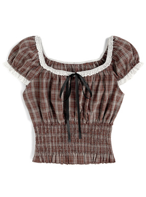 チェック柄フリルリボンシャーリングブラウス