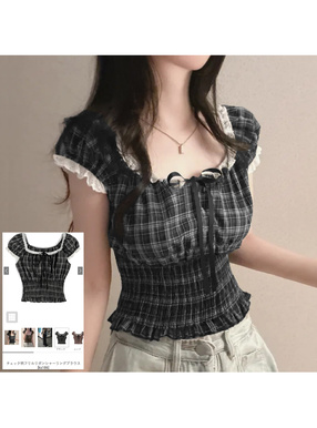 チェック柄フリルリボンシャーリングブラウス
