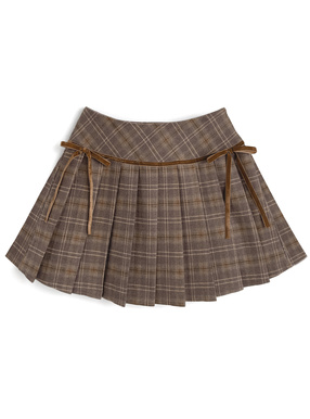 インパン裏地付きチェック柄サイドリボンプリーツミニスカート