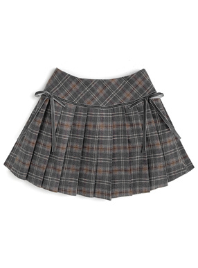 インパン裏地付きチェック柄サイドリボンプリーツミニスカート