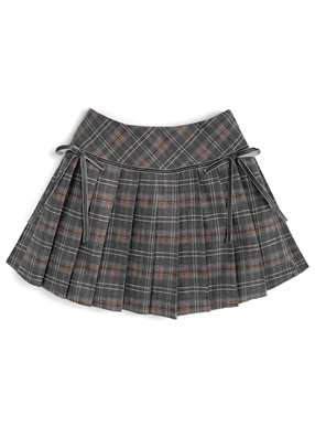 インパン裏地付きチェック柄サイドリボンプリーツミニスカート