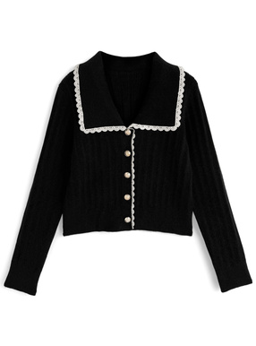 ビッグカラー配色レースニットトップス