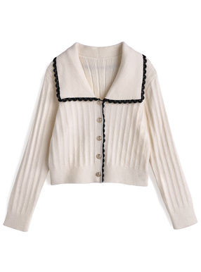 ビッグカラー配色レースニットトップス