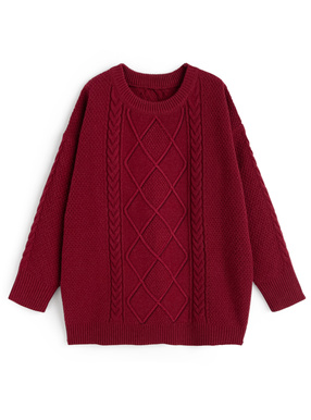 クルーネックケーブル編みニットミニワンピース