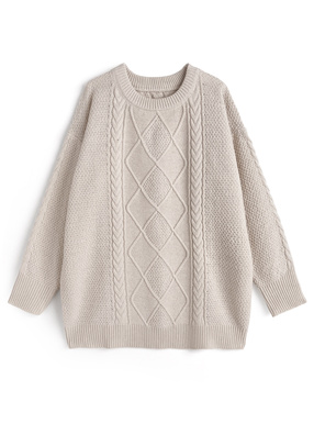 クルーネックケーブル編みニットミニワンピース