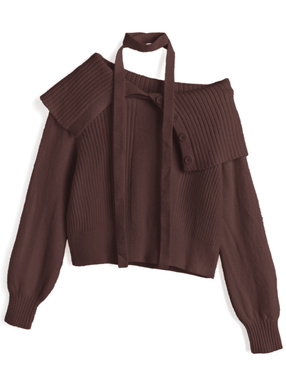 2Wayタイ付きビッグカラーニットトップス