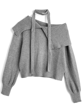 2Wayタイ付きビッグカラーニットトップス