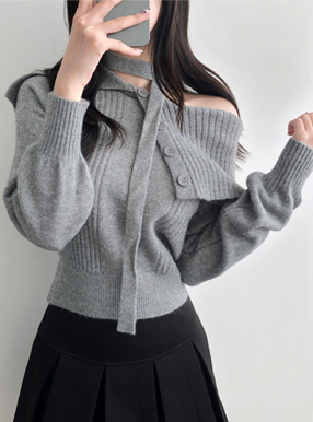 2Wayタイ付きビッグカラーニットトップス