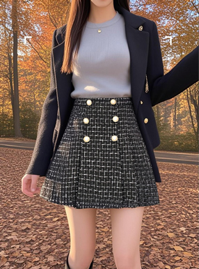 インパン裏地付きツイードプリーツミニスカート