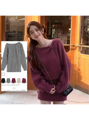 ワンショルダーリボンラメニットミニワンピース