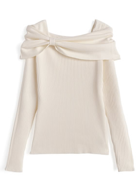 リボンカラーリブニットトップス