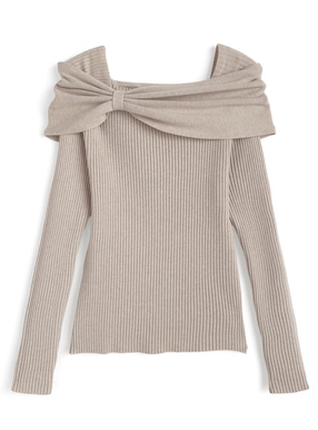 リボンカラーリブニットトップス